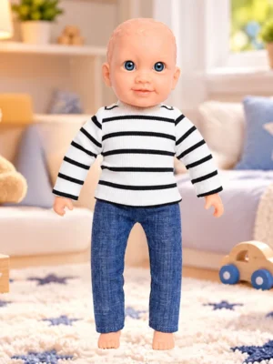 Soft Baby Doll With Striped Top And Denim Pants 35 Cm Doll Toy